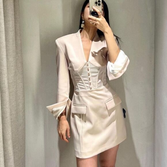 ZARA BLAZER CORSET DRESS BEIGE Pale pink - Picture 3 of 16